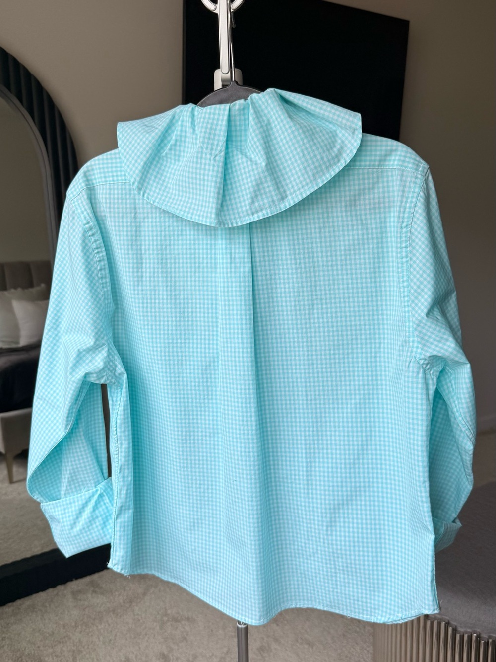 Reloved Upcycled Ruffle Collar Button Down Shirt Vineyard Vines Aqua Gingham - Picture 4 of 11